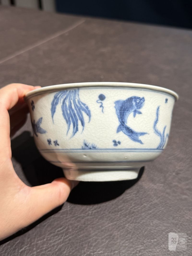 明空白期 青花暗刻海水鱼藻纹碗 - 图5